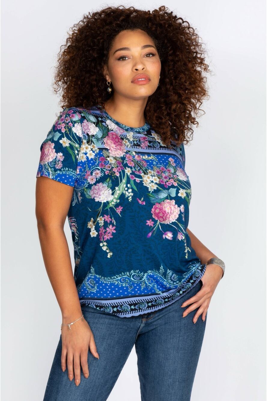 Johnny Was Revive Floral Short Sleeve Special Tee Top Navy Blue Shirt size XL